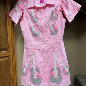 QUEEN OF SPARKLES Pink Dress with Silver Guitar Design